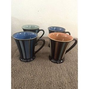 4 Denby Gatsby Stripe Mug Ceramic Flare Rim Blue Green Made England 9 OZ Vintage